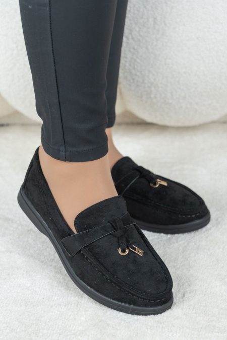 Zamszowe mokasyny na płaskiej podeszwie Czarne – Zarela 1