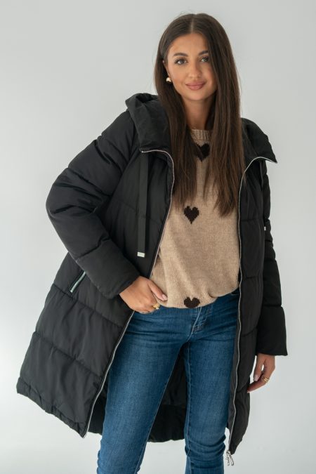Długa kurtka pikowana damska z kapturem Czarny – Zerivane 1