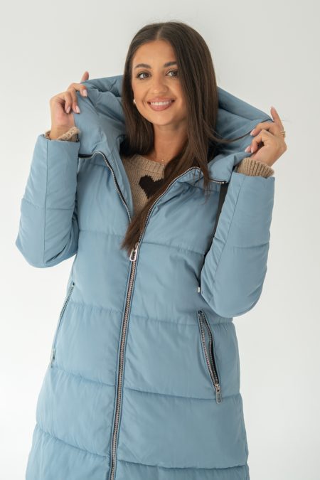 Długa kurtka pikowana damska z kapturem Niebieski – Zerivane 1