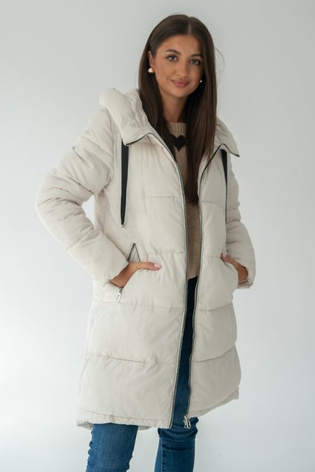 Długa kurtka pikowana damska z kapturem Biały – Zerivane 1
