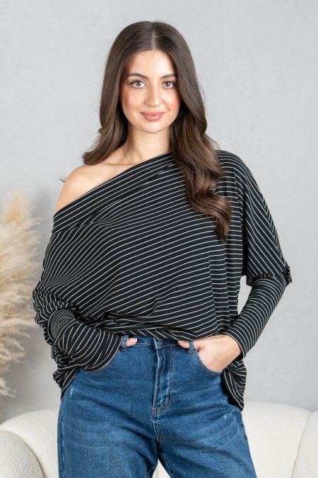 Bluzka dekolt woda w paski Czarny – Lyvarra 1