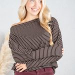 Bluzka dekolt woda w paski Czekoladowy – Lyvarra 3