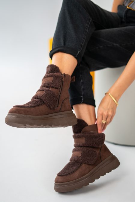 Ocieplane sneakersy damskie na rzepy Czekoladowe – Estoriah 1