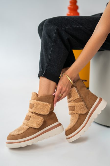 Ocieplane sneakersy damskie na rzepy Camelowe – Estoriah 1