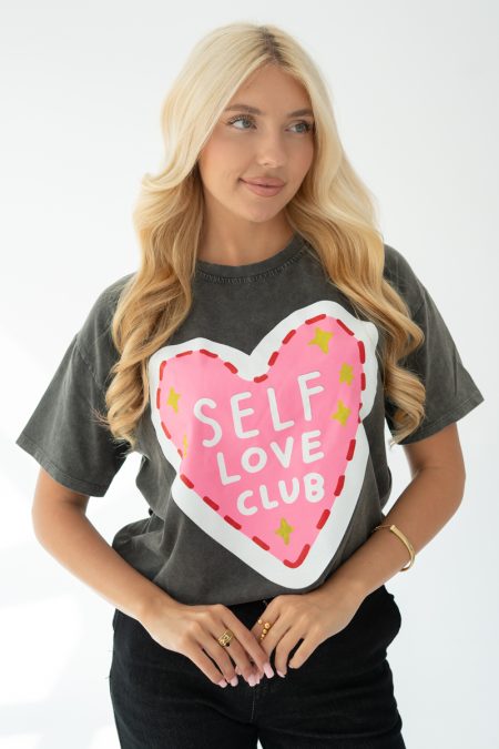 T-shirt damski z nadrukiem Self Love Club Grafitowy – Amoryne 1