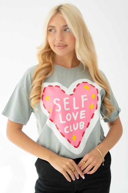 T-shirt damski z nadrukiem Self Love Club Szary – Amoryne 1