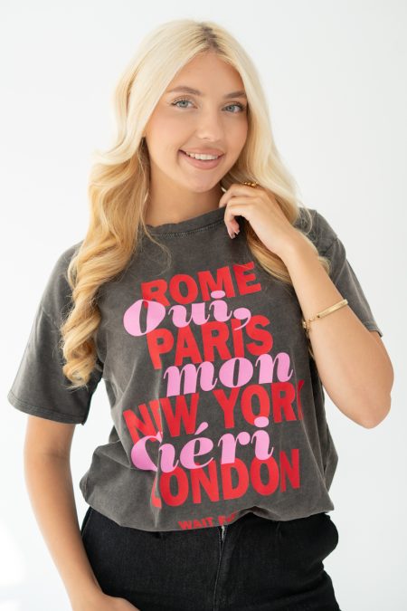 T-shirt damski z nadrukiem miast Grafitowy – Romivra 1