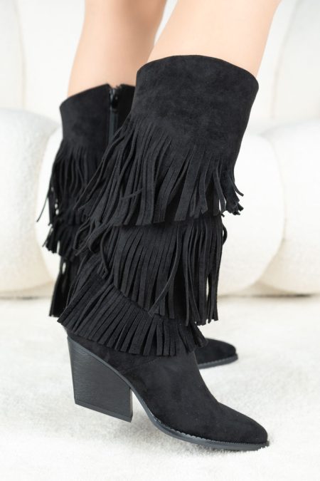 Zamszowe kozaki z frędzlami Czarne – Sonivra 1