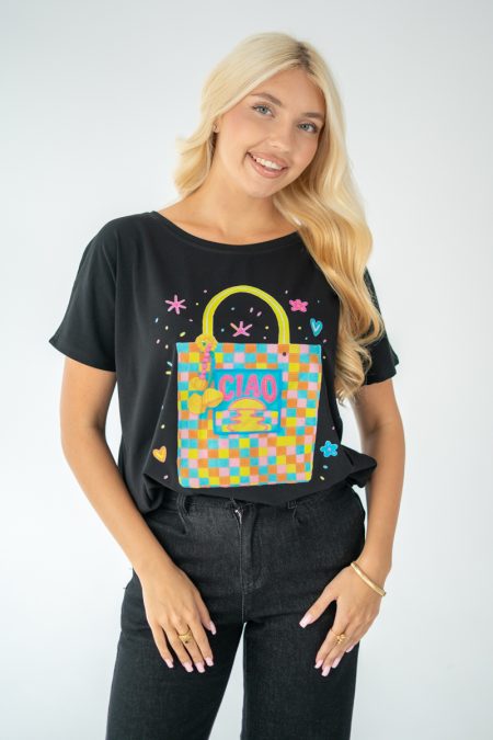 T-shirt damski z kolorowym nadrukiem ciao – Ciaorine 1