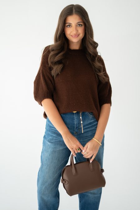 Sweter gładki basic z okrągłym dekoltem Czekoladowy – Lorivienne 1