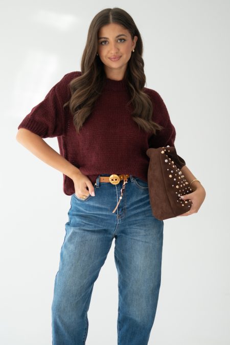 Sweter gładki basic z okrągłym dekoltem Bordowy – Lorivienne 1