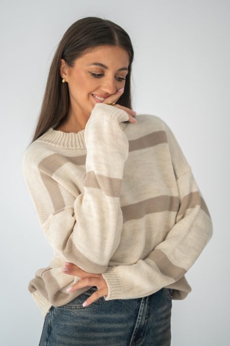 Sweter w pasy oversize Beżowy – Nalverra 1