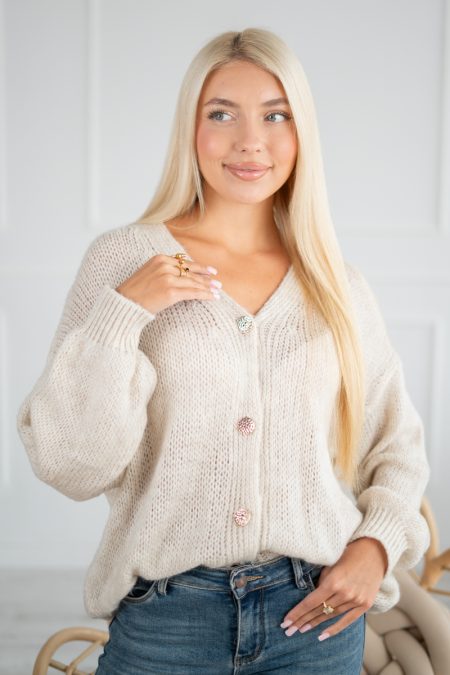 Sweter moherowy rozpinany Kremowy – Morenza 1