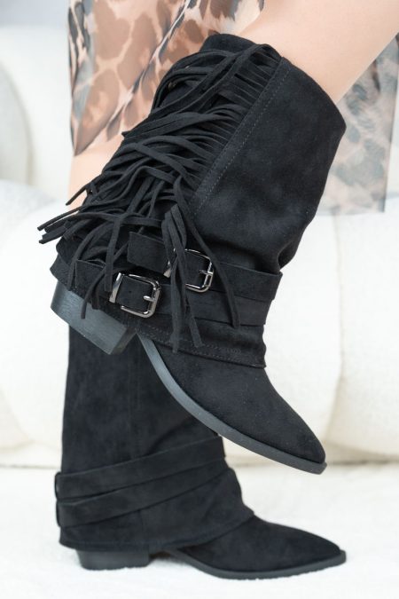 Kowbojki z frędzlami zamszowe Czarne – Ferayne 1