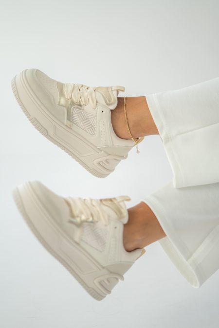 Sneakersy damskie na platformie z metalicznymi wstawkami Beżowe – Olirene 1