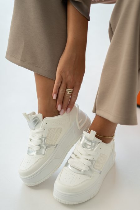 Sneakersy damskie na platformie z metalicznymi wstawkami Białe – Olirene 1