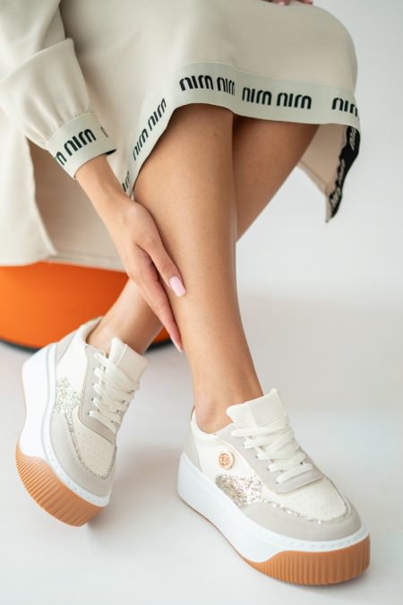 Sneakersy z ozdobami na wysokiej platformie Beżowe – Emoria 1