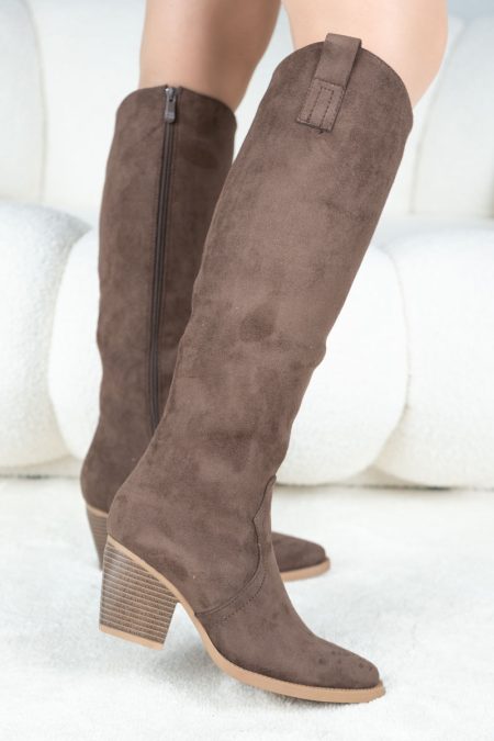 Wysokie kozaki damskie zamszowe casual Czekoladowe – Orivane 1