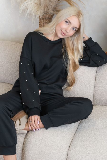 Komplet z bluzą zdobioną perełkami i spodniami Czarny – Pearlyss 1