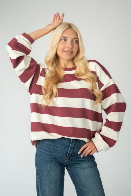 Bluza w paski oversize Bordowy – Olivarra 1
