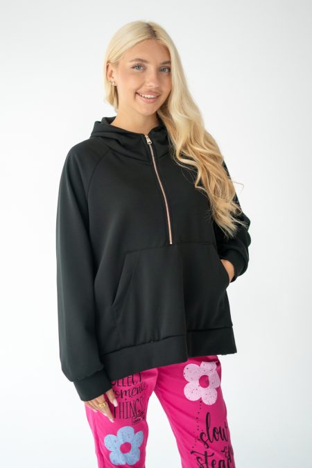 Bluza z zamkiem do połowy z kapturem - Czarny 1