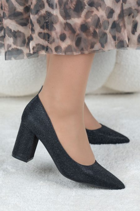 Czółenka z brokatowym obcasem Czarne – Glitterelle 1