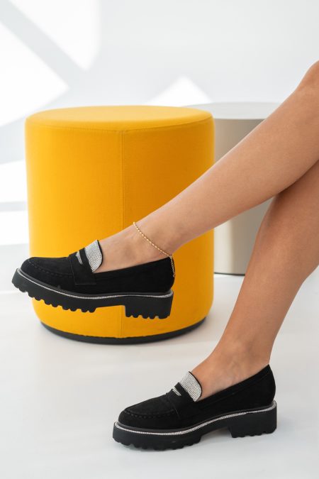 Eleganckie mokasyny damskie z cyrkoniami Czarne – Shyvarra