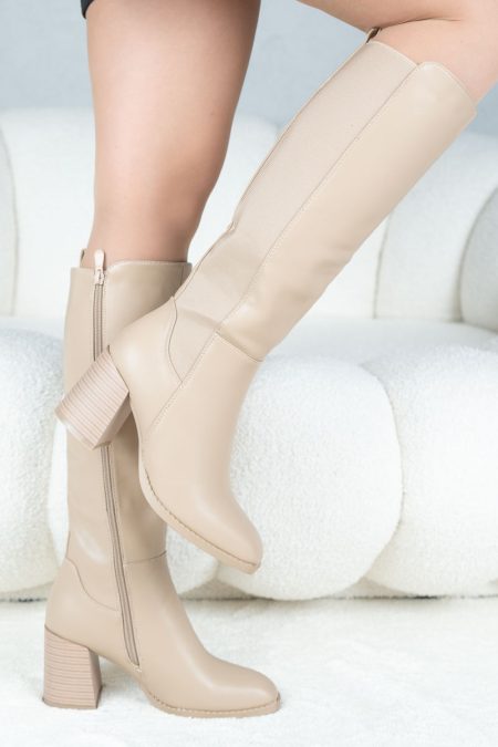 Stylowe kozaki na słupku z dopasowaną cholewką Beżowe – Elvarine 1