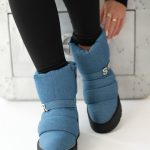 Pikowane botki zimowe z ozdobnym paskiem Jeansowe – Celivra 3