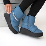 Pikowane botki zimowe z ozdobnym paskiem Jeansowe – Celivra 1