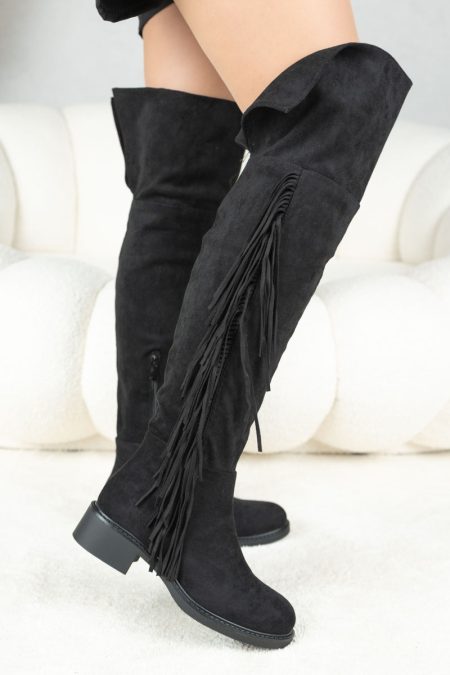 Kozaki za kolano boho z frędzlami Czarne – Olvianne 1