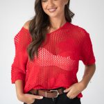 Sweter ażurowy damski Czerwony – Florissea 1