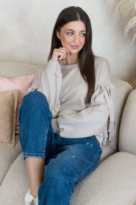 Bluza z frędzlami na rękawach Beżowy – Frendelle 1