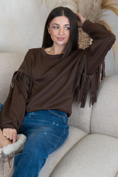 Bluza z frędzlami na rękawach Czekoladowy – Frendelle 1