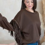 Bluza z frędzlami na rękawach Czekoladowy – Frendelle 2
