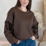 Bluza z frędzlami na rękawach Czekoladowy – Frendelle 4