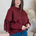 Bluza z frędzlami na rękawach Bordowy – Frendelle 6