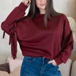 Bluza z frędzlami na rękawach Bordowy – Frendelle 1