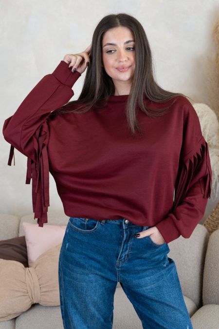 Bluza z frędzlami na rękawach Bordowy – Frendelle 1