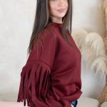 Bluza z frędzlami na rękawach Bordowy – Frendelle 2