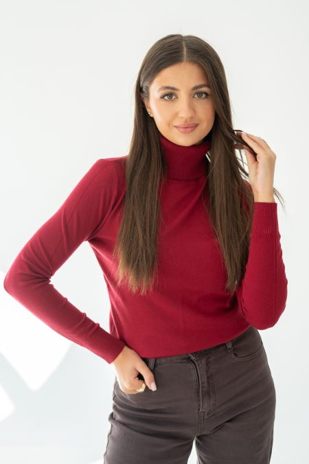 Dzianinowy sweter z golfem Bordowy – Goldivra 2