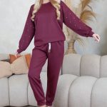 Komplet z bluzą zdobioną perełkami i spodniami Bordowy – Pearlyss 1