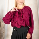 Bluzka damska z falbankami i wiązaniem elegancka Bordowy – Velisanne 1