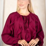 Bluzka damska z falbankami i wiązaniem elegancka Bordowy – Velisanne 2