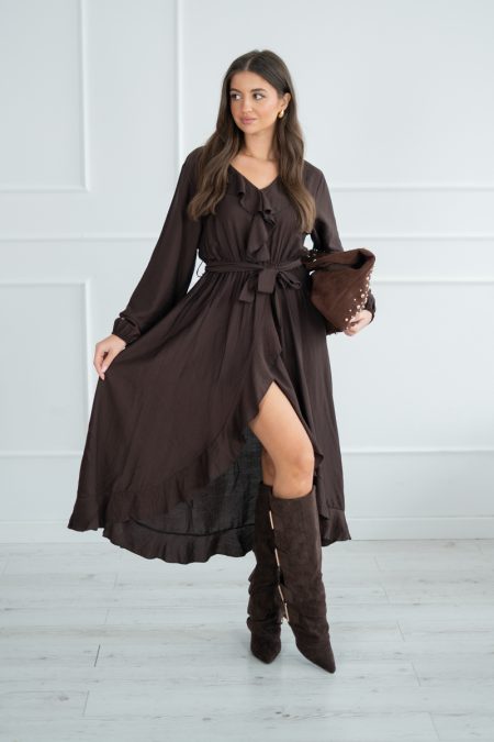 Sukienka z falbankami i paskiem Czekoladowy – Marivellea 5