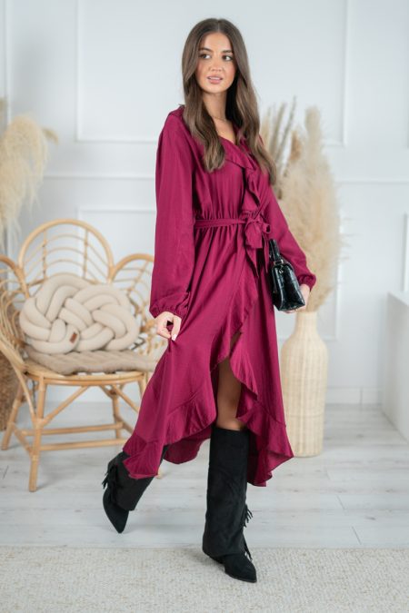 Sukienka z falbankami i paskiem Bordowy – Marivellea 1