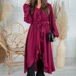 Sukienka z falbankami i paskiem Bordowy – Marivellea 2