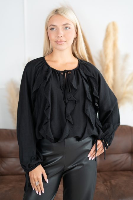 Bluzka damska z falbankami i wiązaniem elegancka Czarny – Velisanne 1