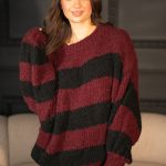 Mięsisty sweter damski w paski Bordowy – Stravira 3