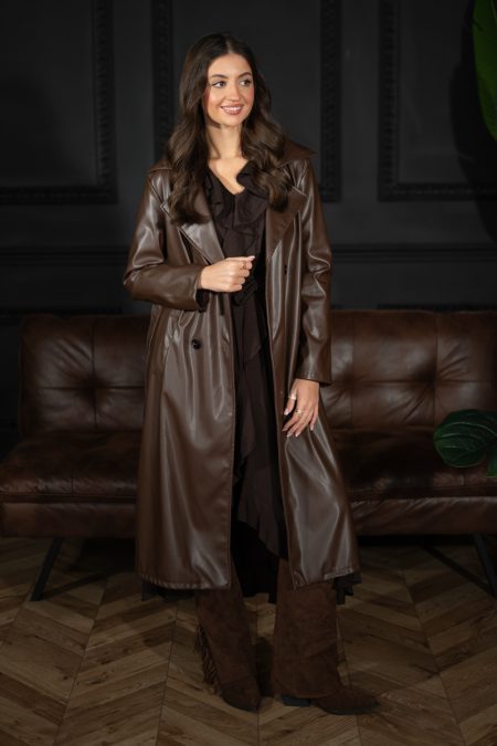 Płaszcz damski z eko skóry Czekoladowy – Feralyne 1